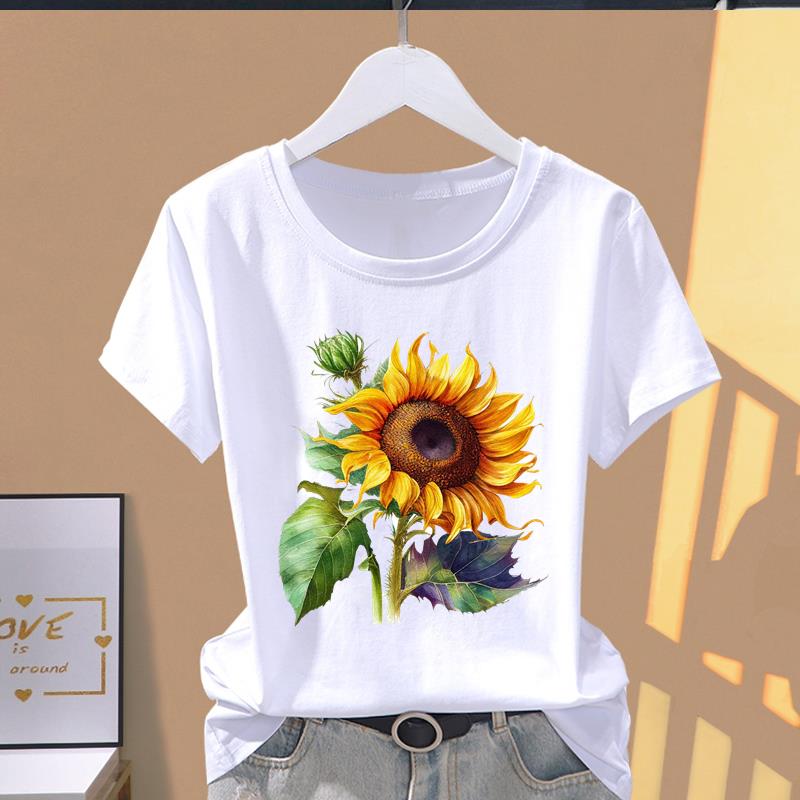 (Азиатский размер) Футболка с графическим принтом, повседневная футболка, женская повседневная футболка с принтом «Любовь, сердце, цветок», тренд, милая женская футболка с коротким рукавом