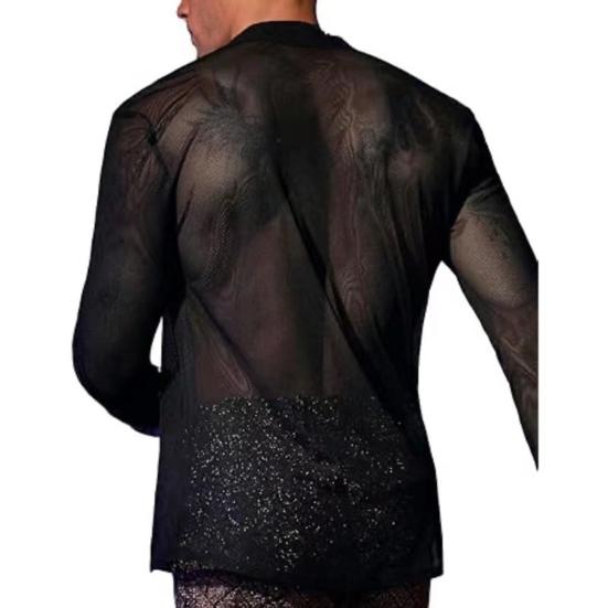 Мужская клубная рубашка с ультратонкой прозрачной сеткой с V-образным вырезом, застегивающейся на пуговицы, с длинными рукавами, для мускулистых мужчин, для вечеринок и выступлений