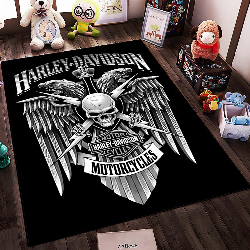 Ковер с дизайном «Череп и Крылья» Harley-Davidson для энтузиастов мотоциклов. Подходит для использования в качестве противоскользящего покрытия для гостиной, спальни, диванов.