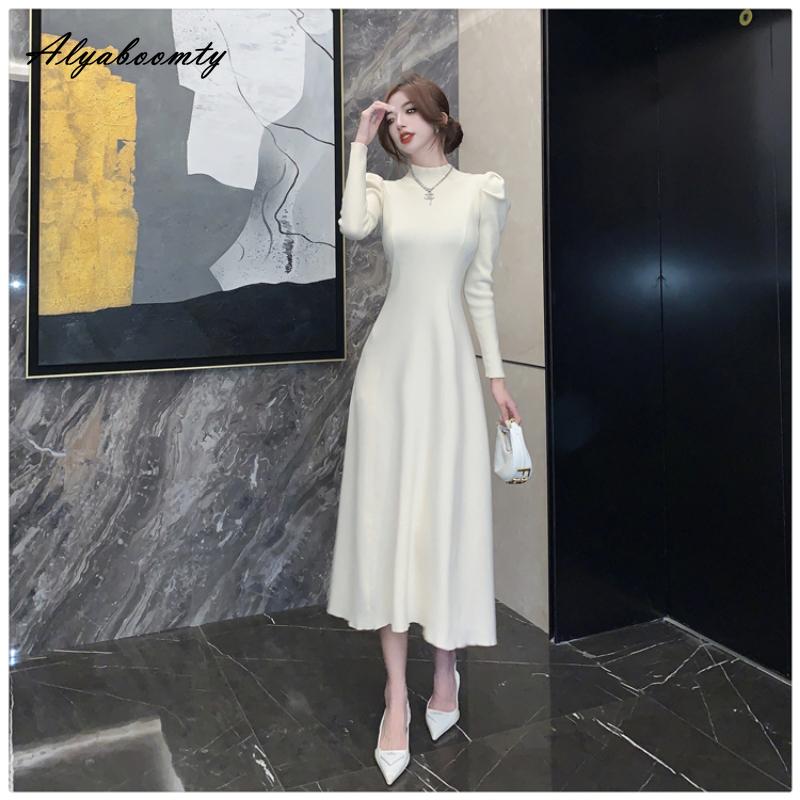 Французский стиль, осенне-зимнее женское платье-свитер миди, с половиной воротником, черное, серое, кофейное, вязаное платье, элегантное женственное трикотажное платье