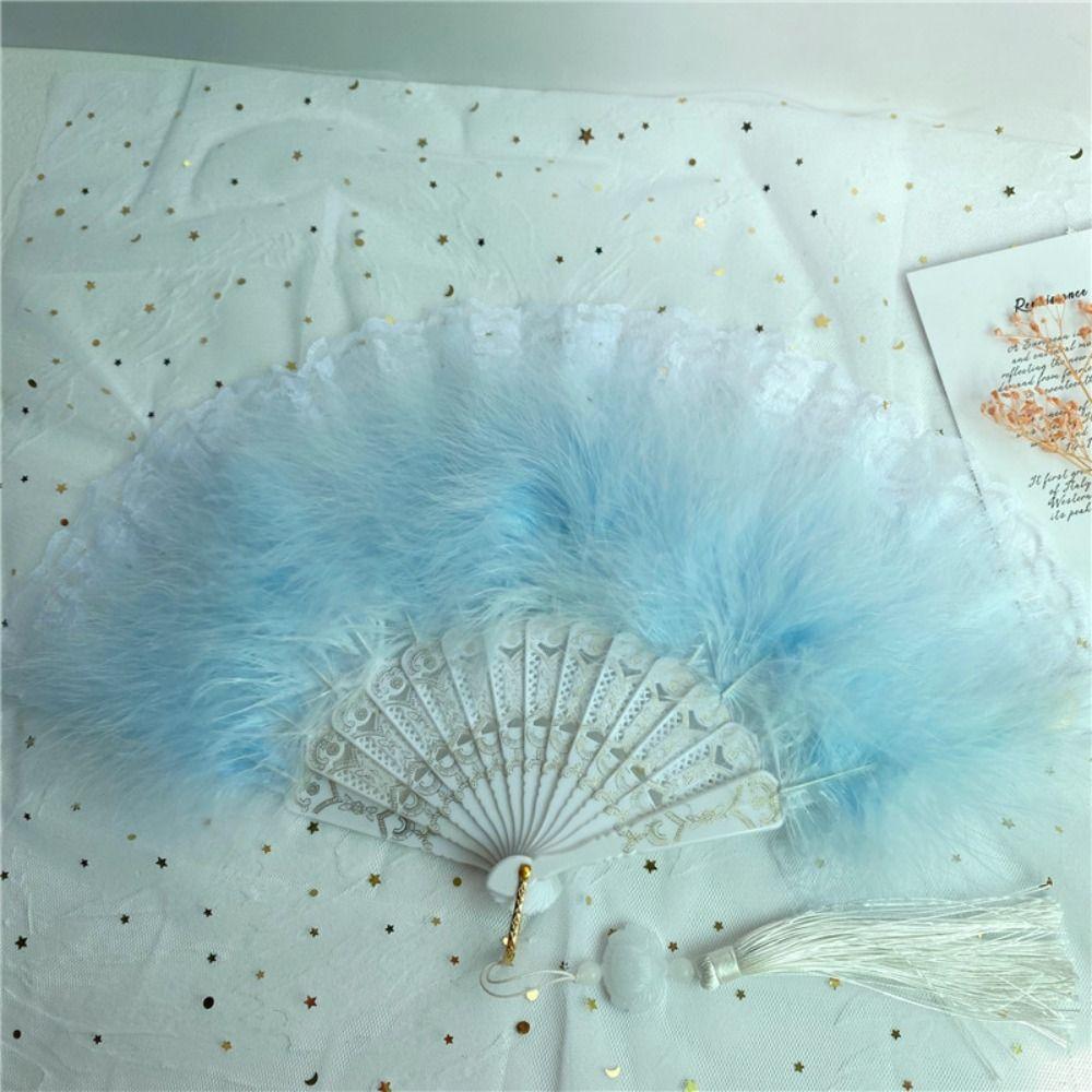 Retro Artificial Feather Fan Handheld Folding Fan Faux Feather Plush Fan  Dance Performance