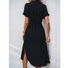 Women's Casual And Fashionable Solid Color V-Neck Pocket Button Drawstring Short Sleeved Dress