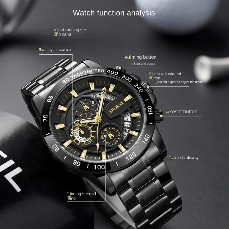 ABORNI WATCH Мужские деловые светящиеся в темноте водонепроницаемые стальные мужские часы с хронографом Кварцевые часы