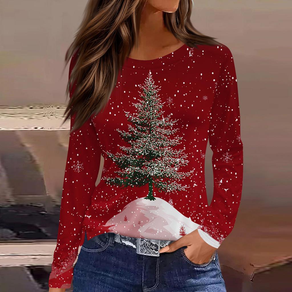 Женская модная повседневная футболка с разрезом по низу, круглым вырезом, длинными рукавами, свободного кроя, с рождественским принтом, женский топ