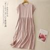 2025 лето новое простое платье с V-образным вырезом и короткими рукавами из хлопка и льна женское свободное однотонное платье средней длины