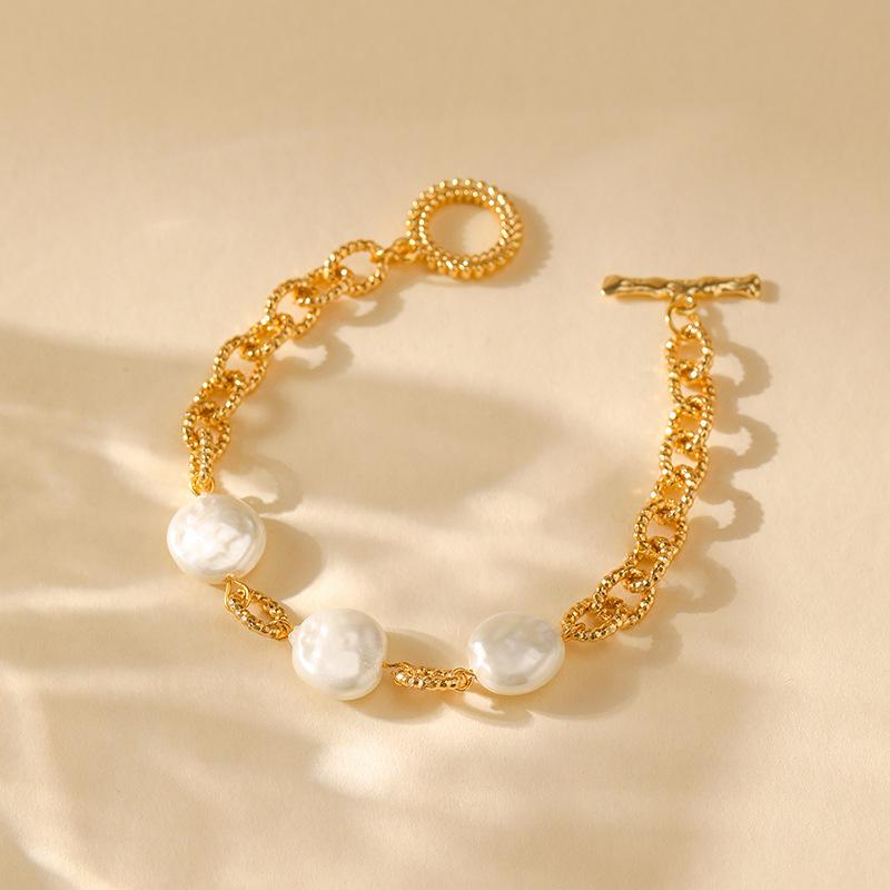 Round Pearl Beaded Chain Bracelet Copper Plated 18k Gold Fashion Jewelry For Women