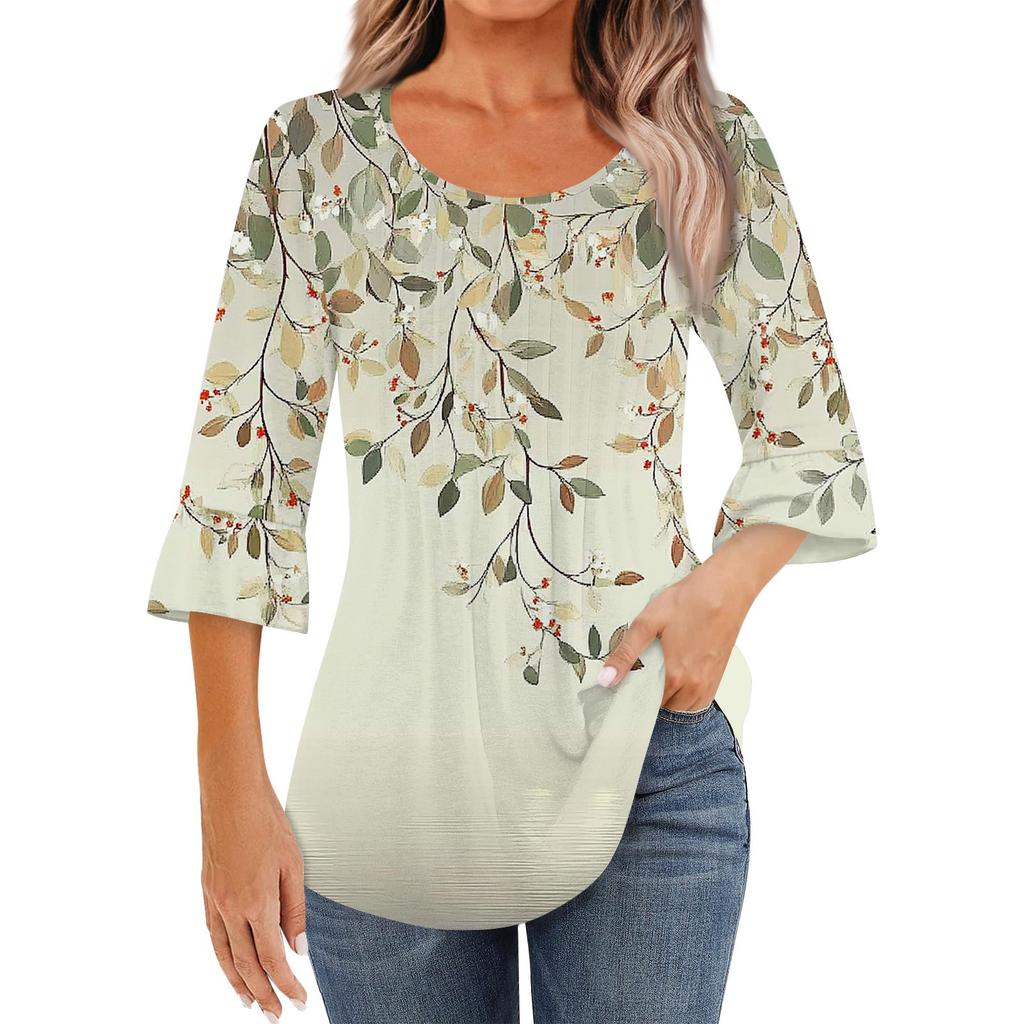Женская модная повседневная плиссированная футболка с круглым вырезом и цветочным принтом, рукав три четверти