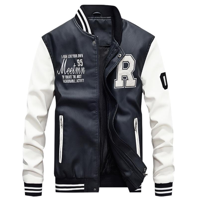 Men's Casual PU Leather Baseball Jacket, Stand Collar, Spring/Autumn 2019 Trendy Style, 7701