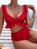 European and American bikini women's ruffled V-neck high-waisted split swimsuit, backless lace-up vacation swimsuit hot girl