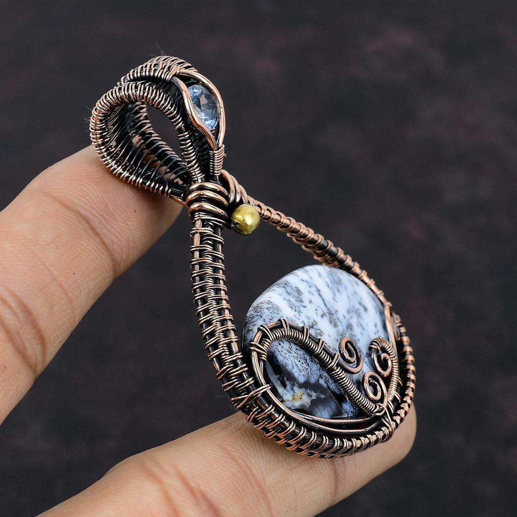 Подвеска из опала дендрита, обернутая медной проволокой, подвеска из кварца танзанита, медные украшения для подарка, подвеска ручной работы, обернутая драгоценными камнями