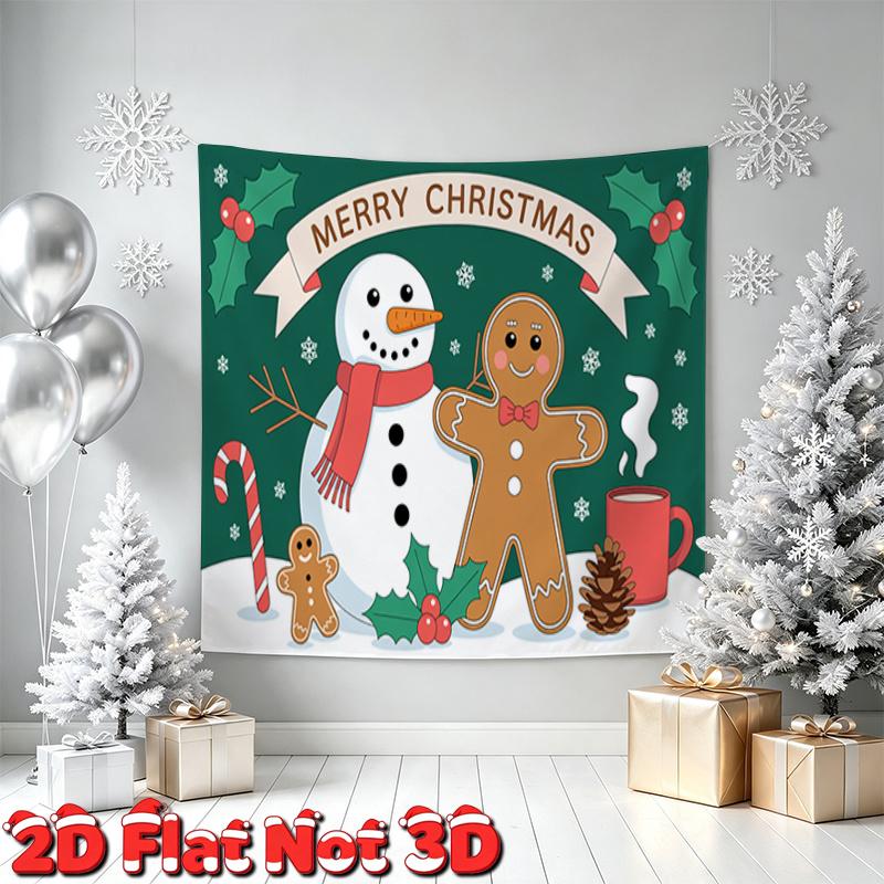 Merry Christmas Snowman Gingerbread Man Wedding Backdrop Banner, Multicolor Polyester for Holiday Decor & Photo Booth