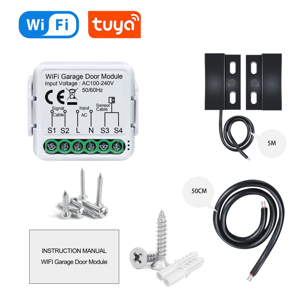 Tuya WiFi Smart Garage Door Switch Module 100V-240V Sensors Opener Controller Timming App Control Works with Alexa Google Home