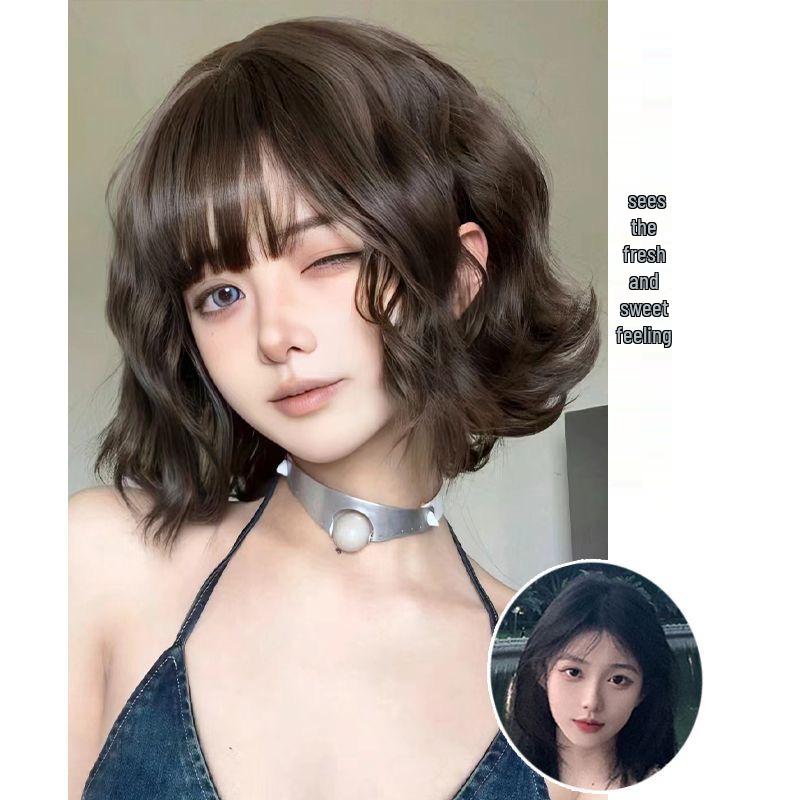 Short Curly Wig with Air Bangs - Lolita Style, Natural & Fashionable, Full Head Coverage