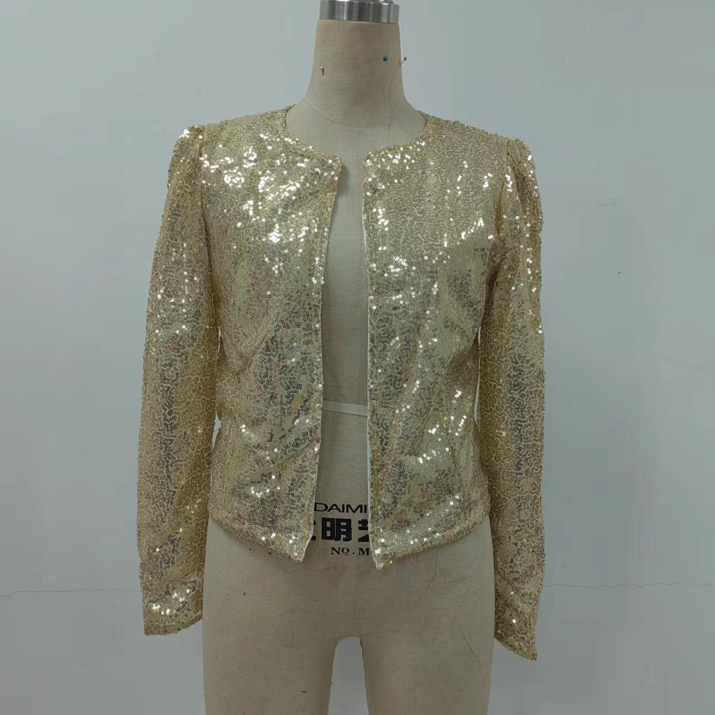 Short Casual Women's Jacket for Spring with Eye-catching Sequins and Chic Style