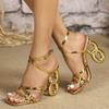 Aneikeh Fashion Golden Narrow Band Square Toe Women's Sandals Designer Fretwork High Heels Ankle Buckle Strap Ladies Shoes