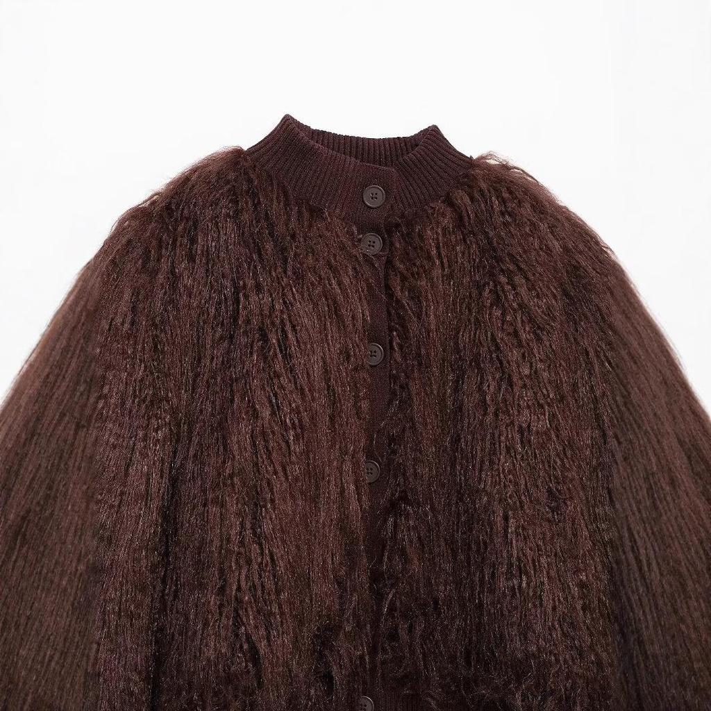 2024 Зимняя женская мода Европейский и американский стиль Вязаный кардиган из искусственного меха