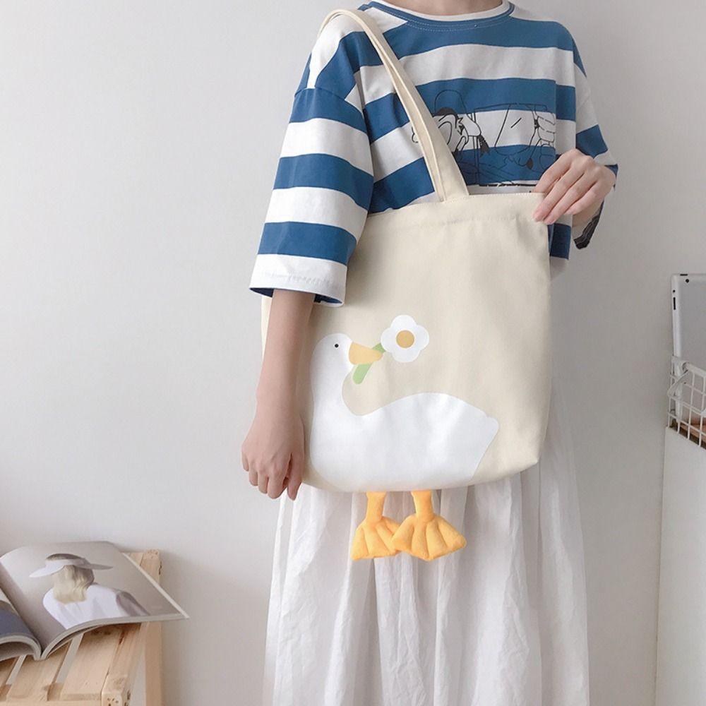 Eco Cute Duck Tote Bag Canvas Duck Embroidery Crossbody Bag Fashion Large-Capacity Shopping Bag