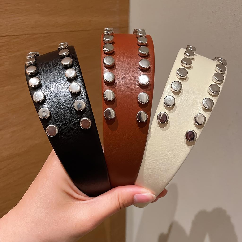 1Pc Women'S Fashionable High-End Large Rivet Leather Wide-Brimmed High-Crown Headband, Suitable For Everyday Casual Wear, Versatile For Concealing