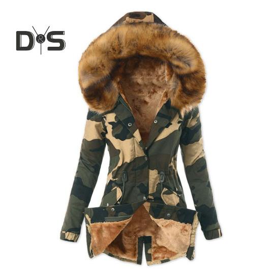 Women Winter Down Coat Faux Fur Fleece-lined Zip-up Press Button Closure Windproof Mid Length Jacket Camouflage Print Slim Fit Outerwear