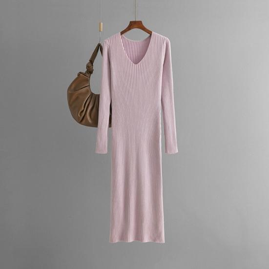 Женское платье-свитер осеннее с длинным рукавом, V-образным вырезом, в рубчик, с разрезом, длинное платье, повседневное облегающее платье миди