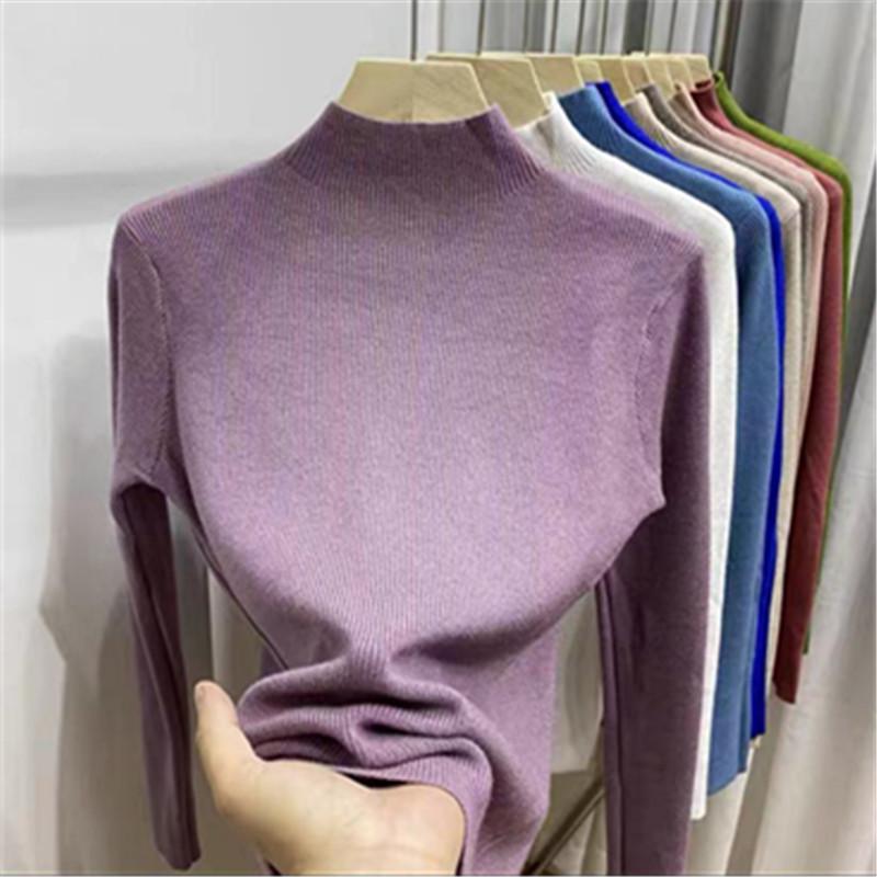 Осенне-зимняя женская нижняя рубашка, однотонный свитер, тонкая блузка с длинными рукавами, трикотаж с полувысоким воротником