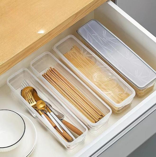 Kitchen Long Rectangular Food Storage Containers, Plastic Reusable Refrigerator Organizer Boxes