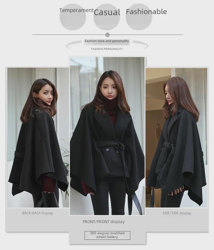 Women's Mid-Length Wool Cape Coat - Thick, Loose, Lace-Up Shawl for Winter