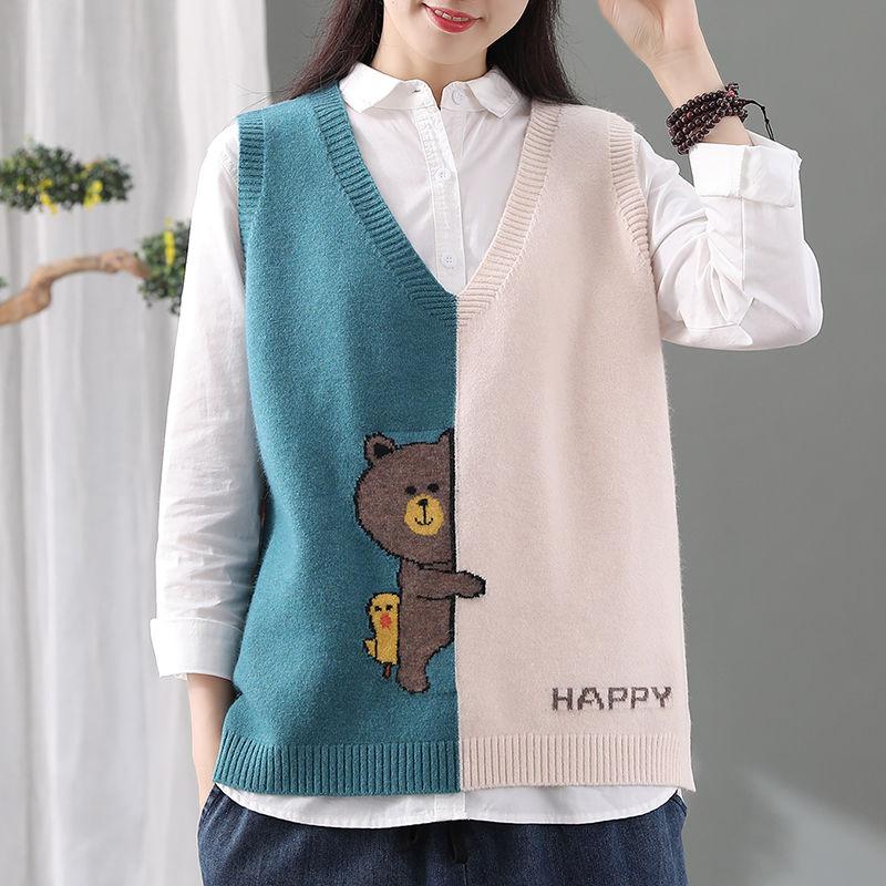 Весенне-осенний женский новый стильный вязаный жилет в стиле ретро с медведем, женский свободный повседневный свитер с v-образным вырезом и топом