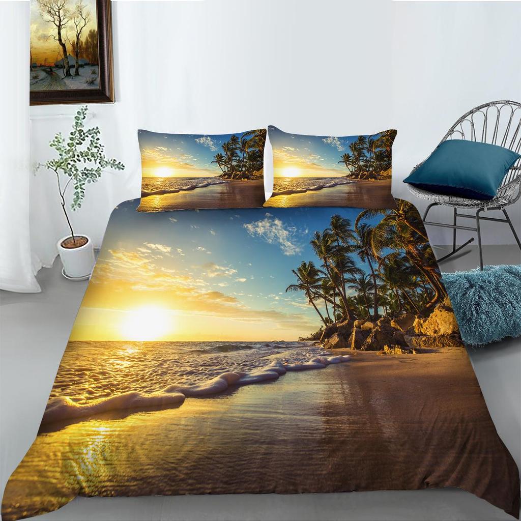 Постельное белье с рисунком 3D-пейзажа, односпальная двуспальная кровать, полноразмерная наволочка и пододеяльник, печать с изображением моря и растений, украшение дома из материала из микрофибры