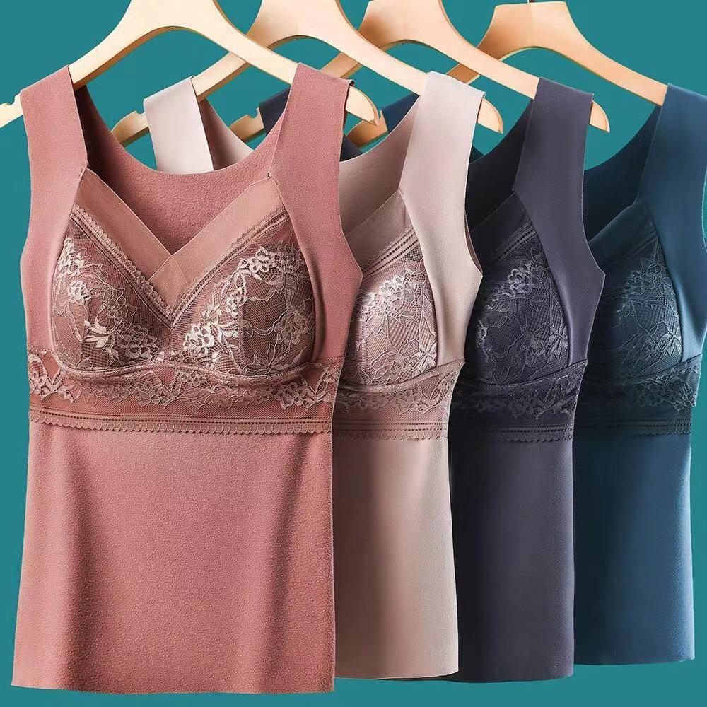 806 Women's German Velvet Lace Vest with Chest Pads - Double-Sided Brushed Thermal Slimming Underwear