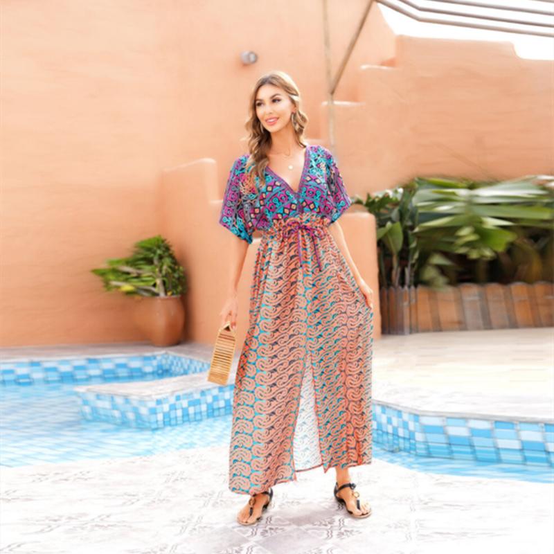 Накидки на бикини, богемное кимоно с принтом, зеленая туника, женская пляжная одежда больших размеров, Глубокий v-образный вырез спереди, открытое макси-платье, купальный костюм, накидка