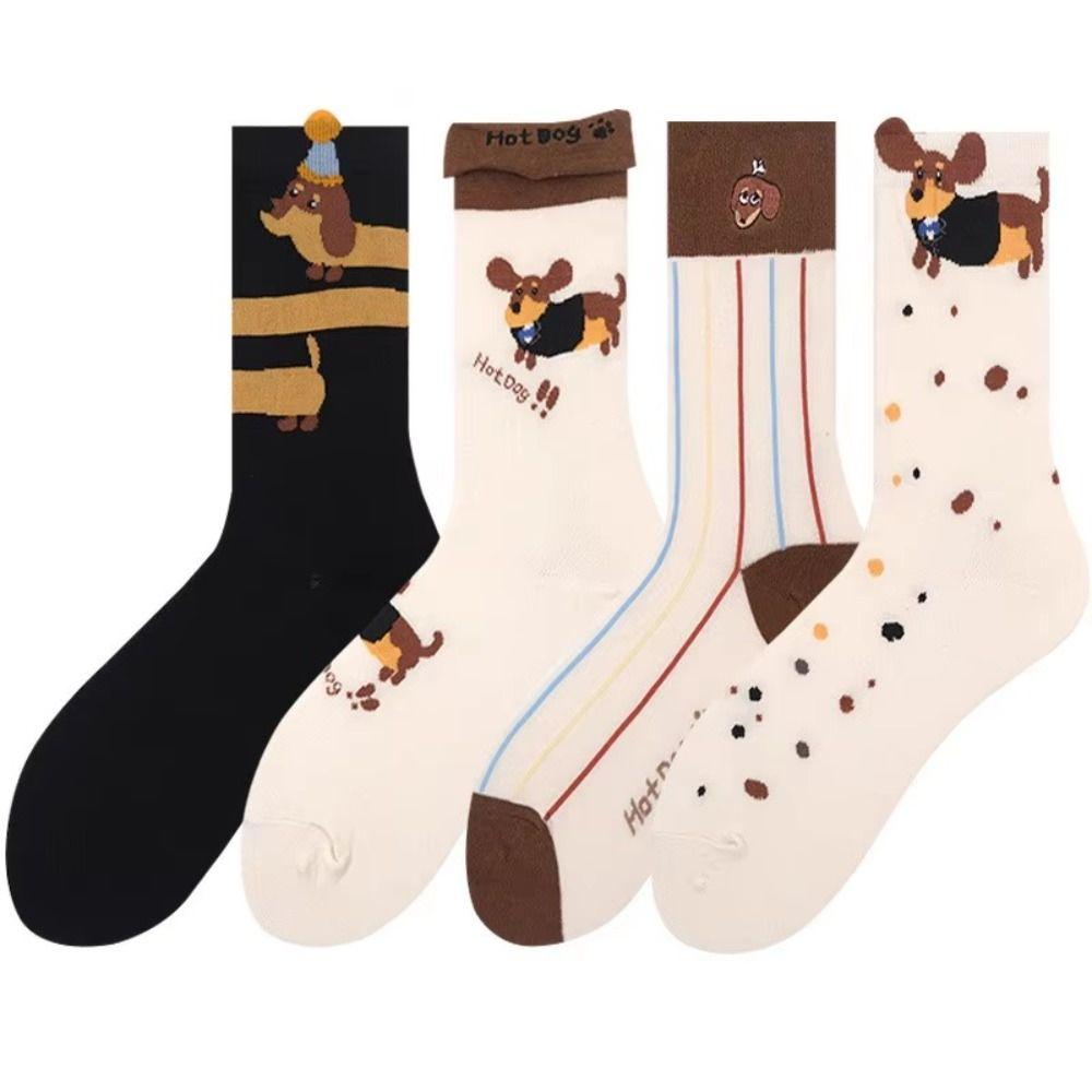 4 Pairs Embroidered Puppy Mid Calf Socks Warm Kawaii Striped Socks Fashion Dog Crew Socks Daily Use