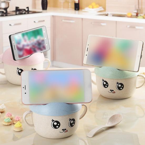 2 шт./компл., 450 мл, миска для кормления, держатель для смартфона, дизайн, защита от падения, пищевой материал, детская обеденная соломенная миска для детского сада