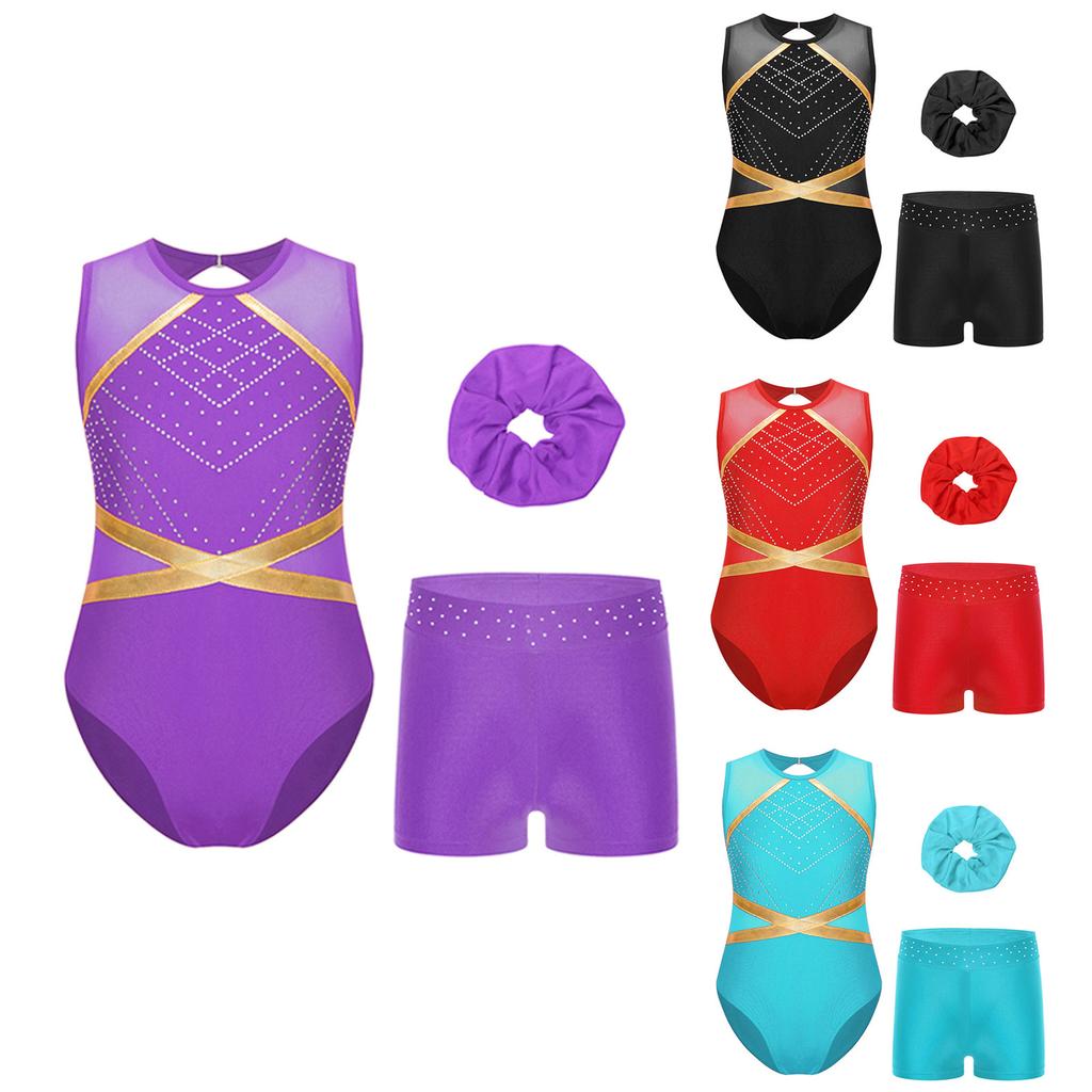 Girls Complete Dance Set Sleeveless Leotard Keyhole Back Patchwork Style Rhinestone Waistband Performance Outfit