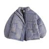 Blue Plaid Down Cotton Coat for Women Winter New Style Small Style Loose Bread Coat Cotton Coat