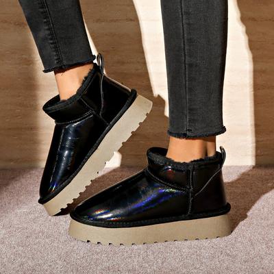 Женские толстые зимние ботинки Новые зимние ботинки с круглым носком и рукавом из лакированной кожи Теплые нескользящие хлопковые ботинки