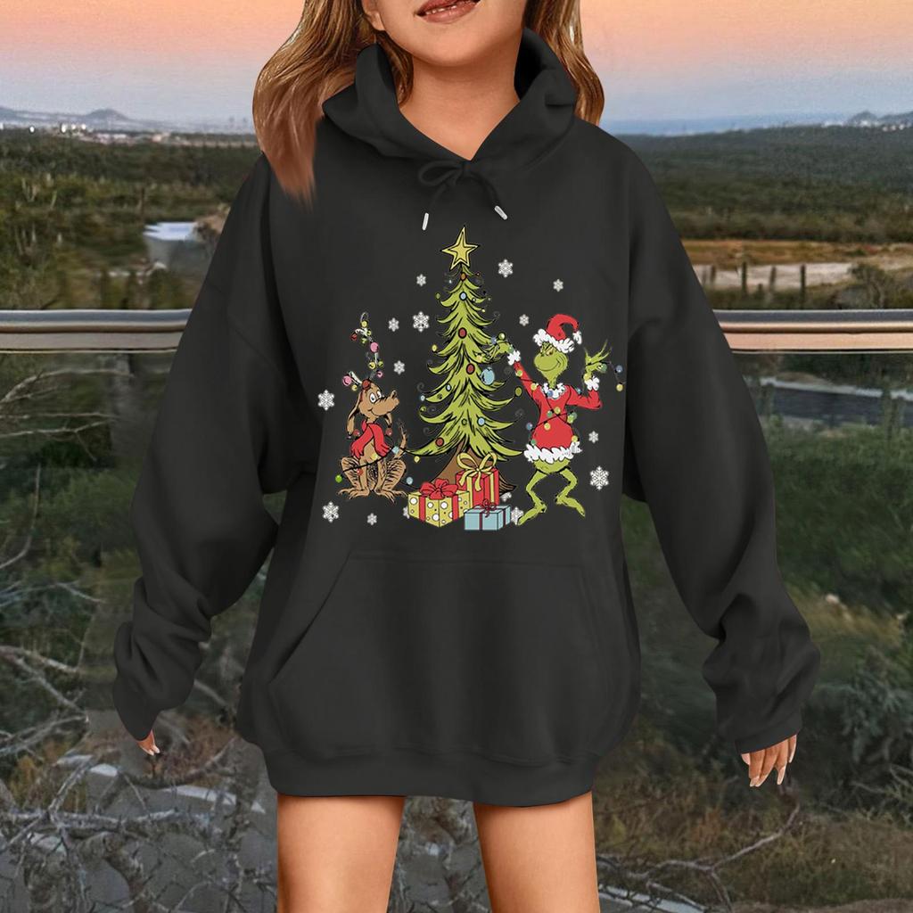 Детская модная повседневная толстовка с капюшоном свободного кроя с длинными рукавами и рождественским принтом