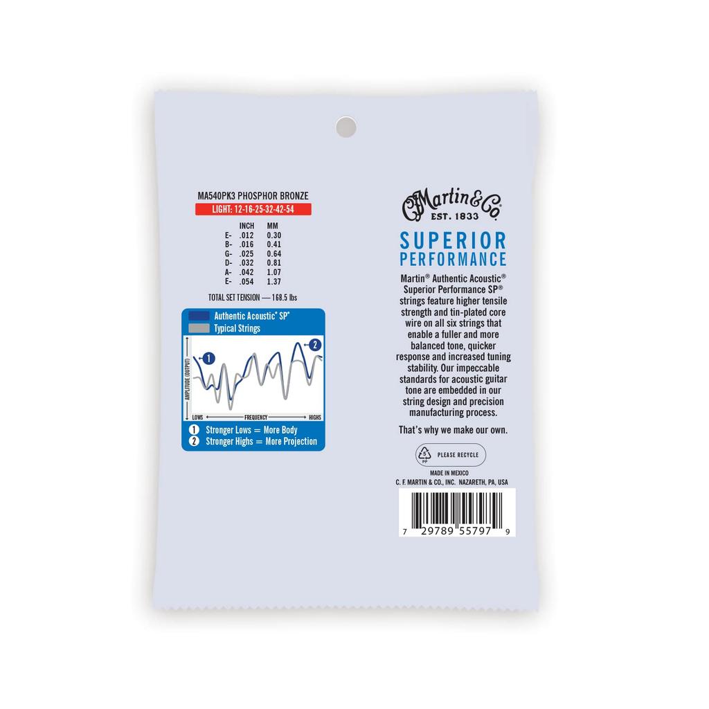 MARTIN AUTHENTIC ACOUSTIC MA540 PK3 Acoustic Guitar Strings, 3-Pack, Light, .012-.054