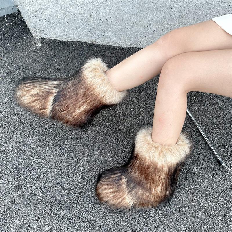 Imitation Raccoon Fur Plush Snow Boots Bag Head Warm Fluffy Fluffy Hot Girl