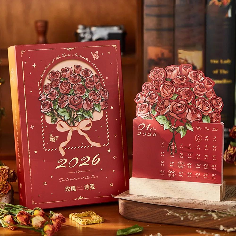 Simple 2026 Desk Calendar Card Insert Rose Painting Mini Calendar With Wooden Base Monthly Planner Desktop Decoration