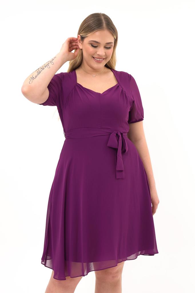 Women's Square Neck Pleated Detail Short Sleeve Midi Length Chiffon Dress 4469/105