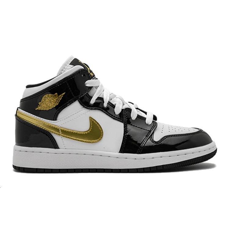 Jordan 1 Mid Patent Черный Белый Золотой GS BQ6931-007
