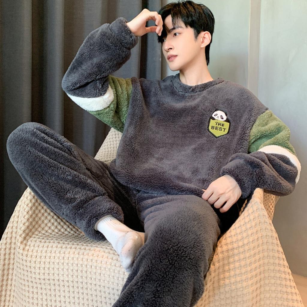 Зимняя одежда, коралловый флис, пижамы, мужская одежда, утепленный флис, круглый вырез, брюки с длинными рукавами, костюмы, домашняя одежда