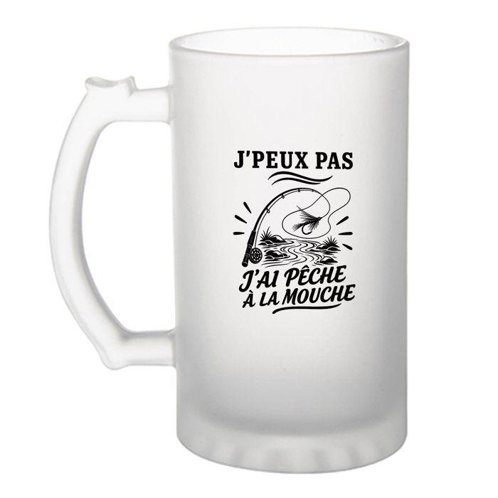 Chope à bière - PLANETEE - J'peux pas j’ai Pêche à la mouche (minimaliste) - Verre trempé givré - 470 ml - Compatible lave‑vaisselle