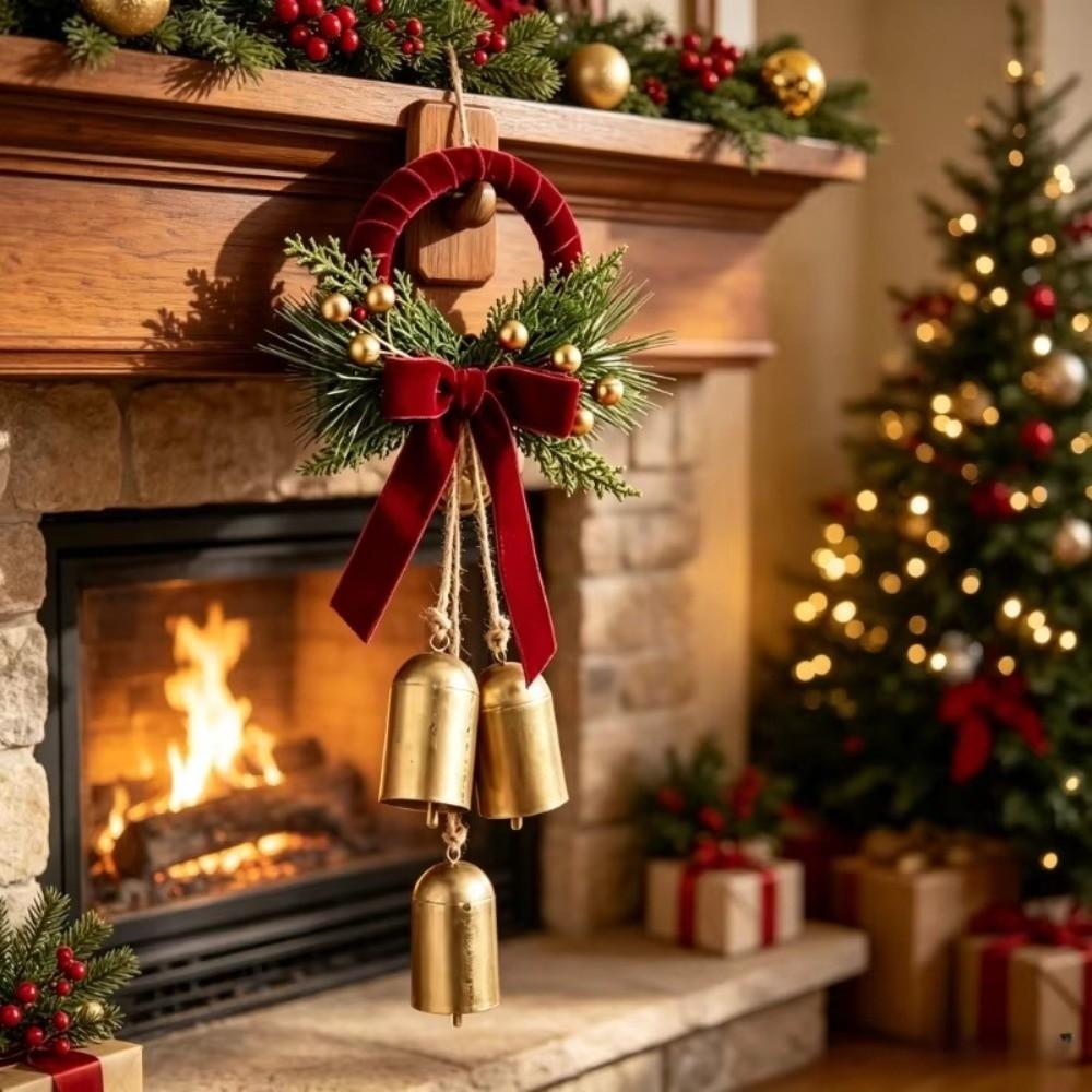 with 3 Bells Xmas Doorknob Hanging Bell Pine Needles Velvet Bow Bell Ornament Foyer Decor
