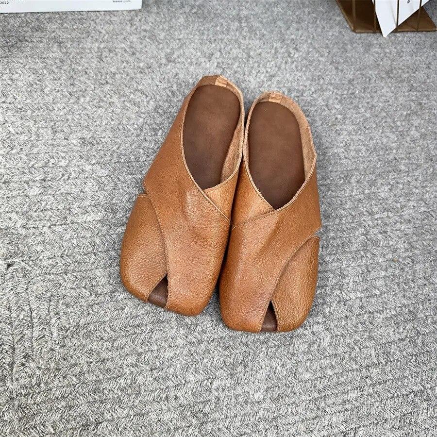 Johnature Тапочки из натуральной кожи с квадратным носком и открытым носком. Женская обувь. Повседневные шлепанцы на открытом воздухе. Удобные тапочки на плоской подошве.