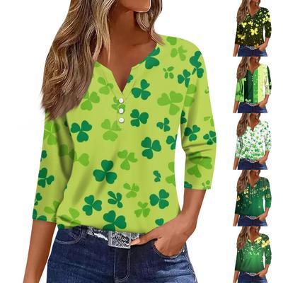 Жен. Футболка Футболка С принтом Пуговицы Рукав 3/4 Повседневные Выходные Мода Классический V-образный вырез Обычный Топ