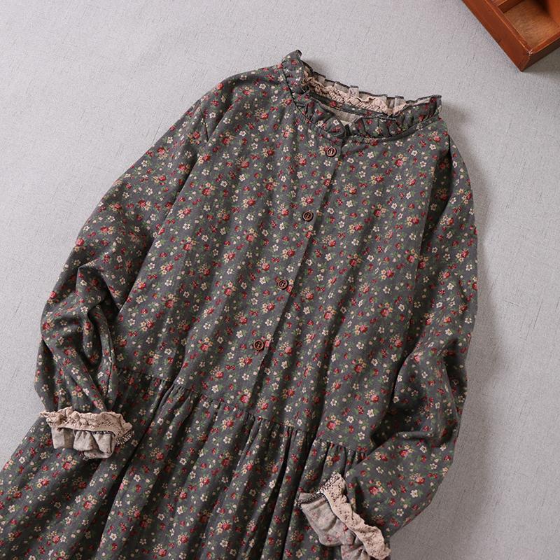 Mori Girl Autumn Spring Women Loose Long Dress Ruffled Collar Floral Cottagecore Dress Vintage Cotton Ruffles Elegant Chic Dress