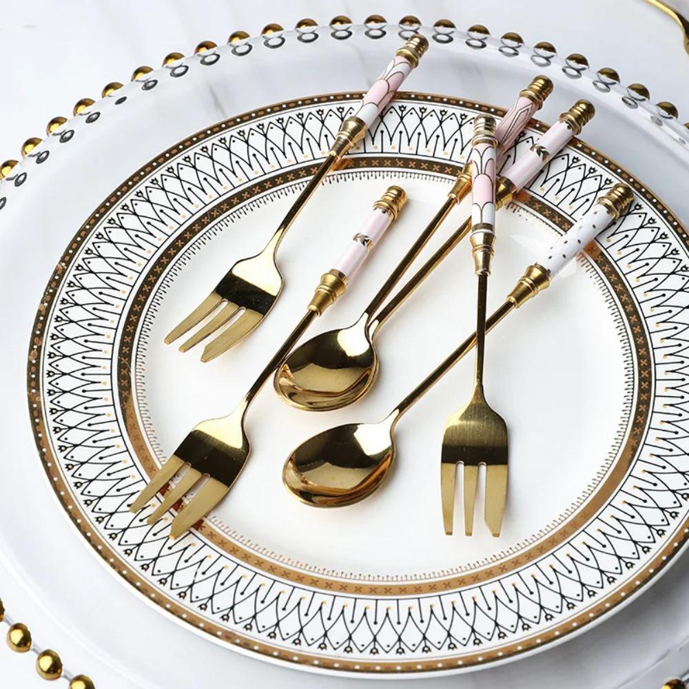 Ceramic Handle English Afternoon Tea Spoon Fork Stainless Steel Fruit Forks Cake Spoon Fork Cafe