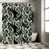 Modern Floral Green Leaf Bath Curtains for Bathroom Decor Black White Shower Curtain with Metal Hook Rings Set